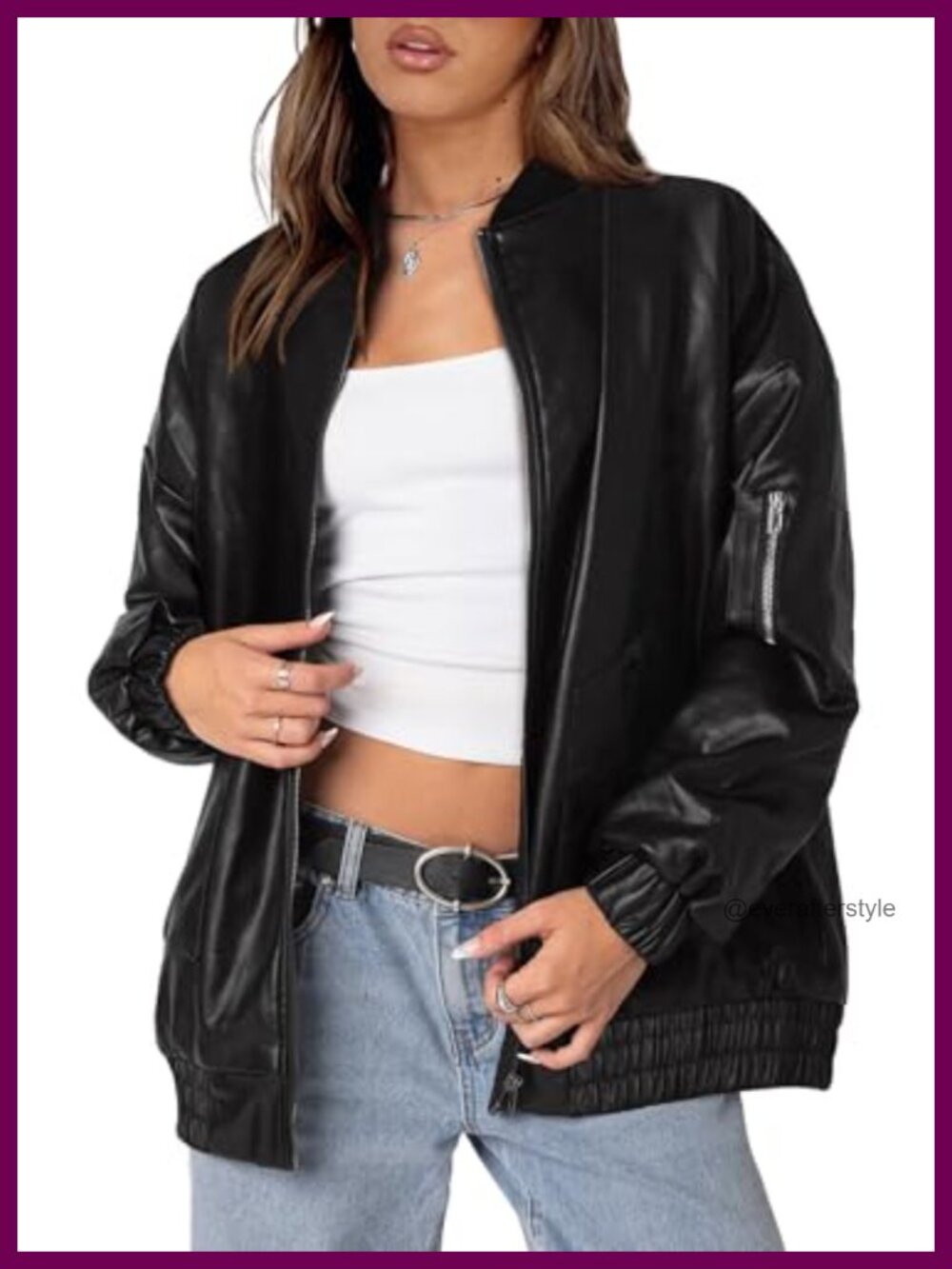 Faux Leather Jacket Oversized Motorcycle Bomber Zip Up Pockets Fall Coat